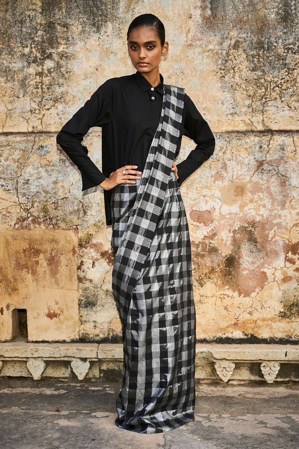 Metallic Check Sari Skirt