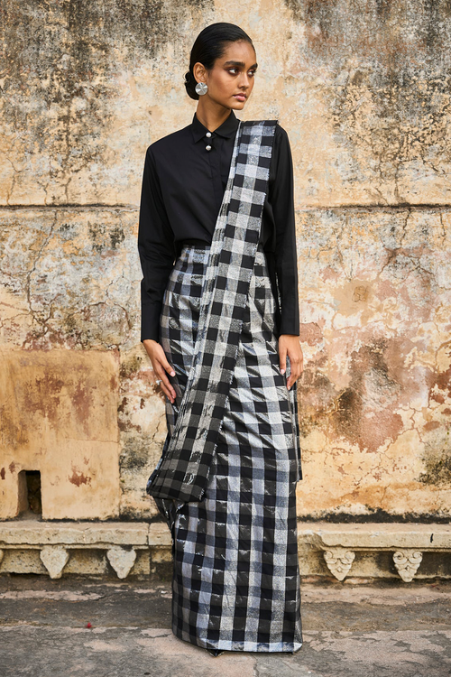 Metallic Check Sari Skirt