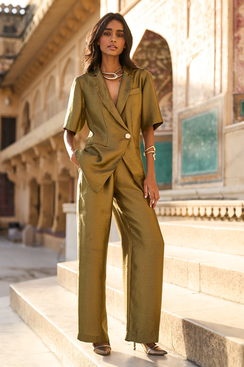 Olive Brocade Pant Suit