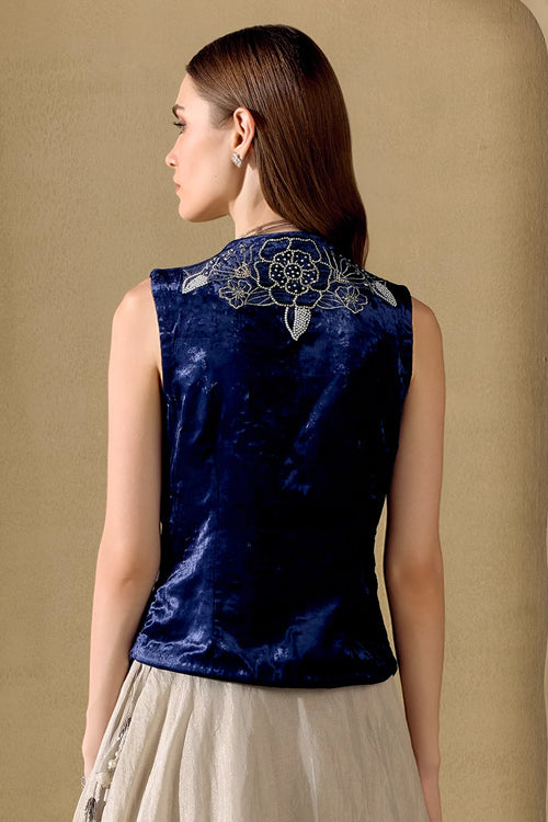 Indigo And Silver Embellished Waistcoat