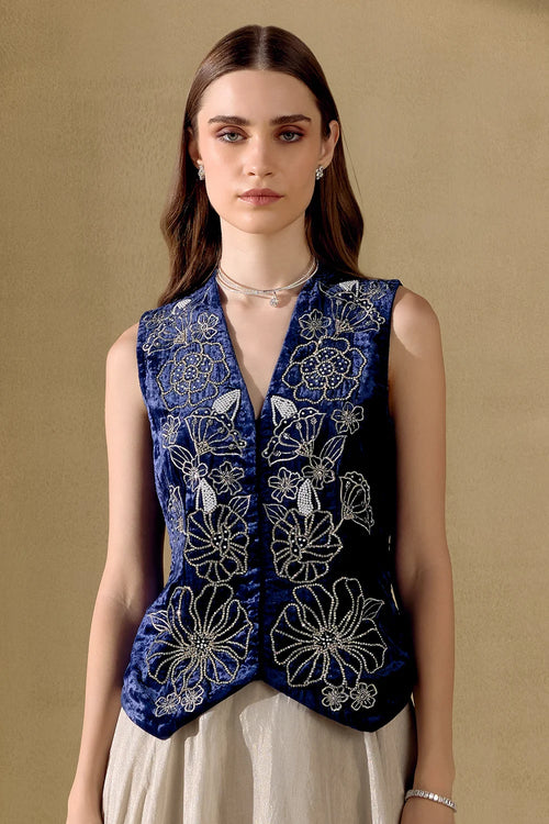 Indigo And Silver Embellished Waistcoat