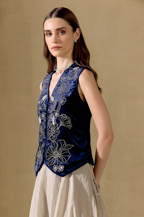 Indigo And Silver Embellished Waistcoat