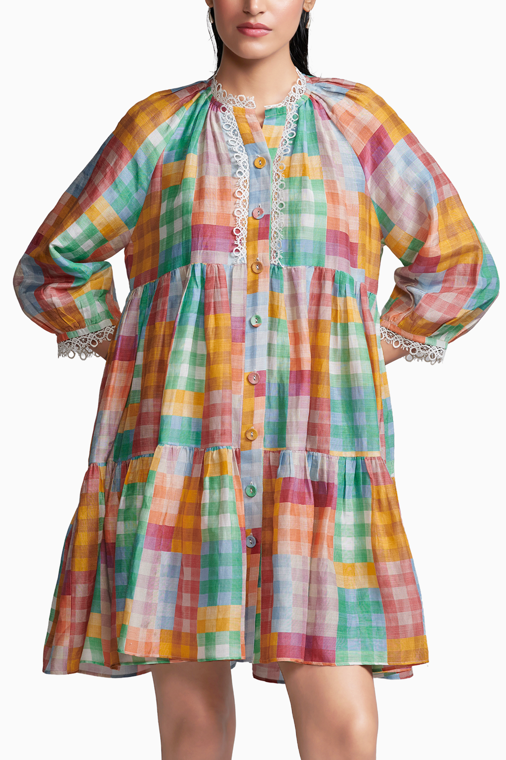 Multicolour Check Tiered Midi Dress