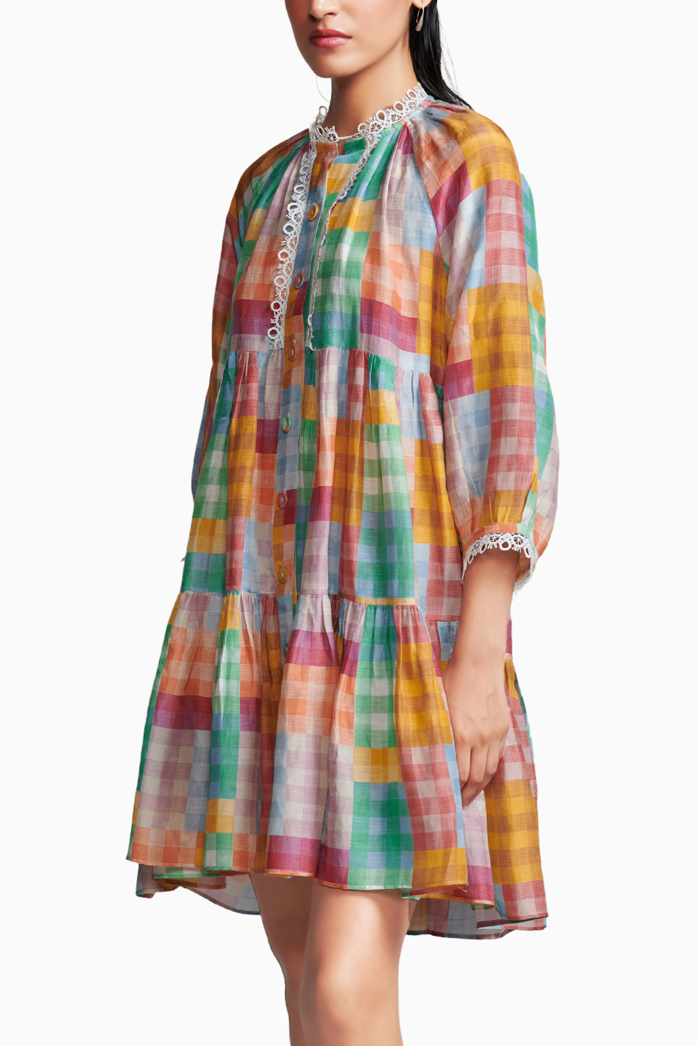 Multicolour Check Tiered Midi Dress