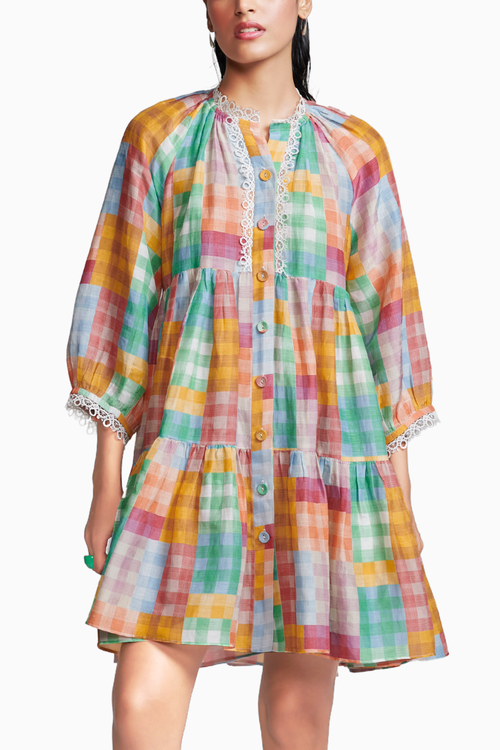 Multicolour Check Tiered Midi Dress