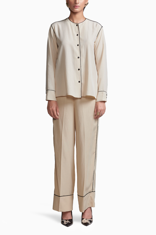 Off White Contrast Piping Co-ord Set