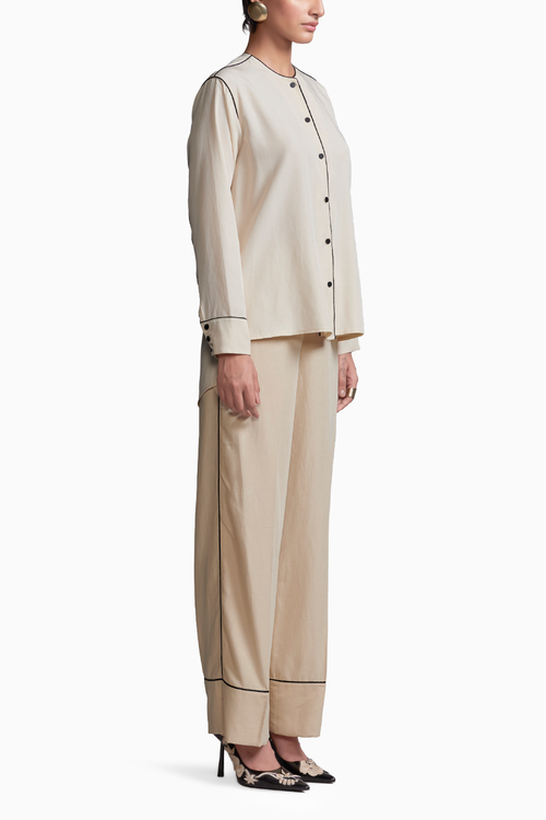Off White Contrast Piping Co-ord Set
