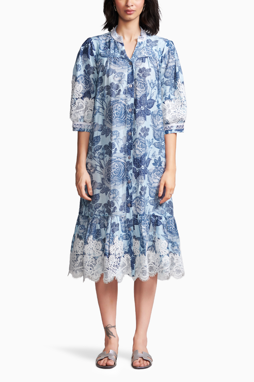 Blue Floral Linen Midi Dress