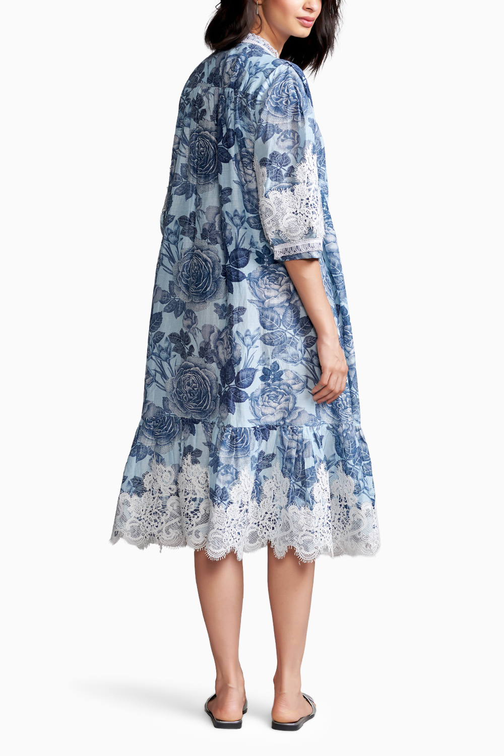 Blue Floral Linen Midi Dress