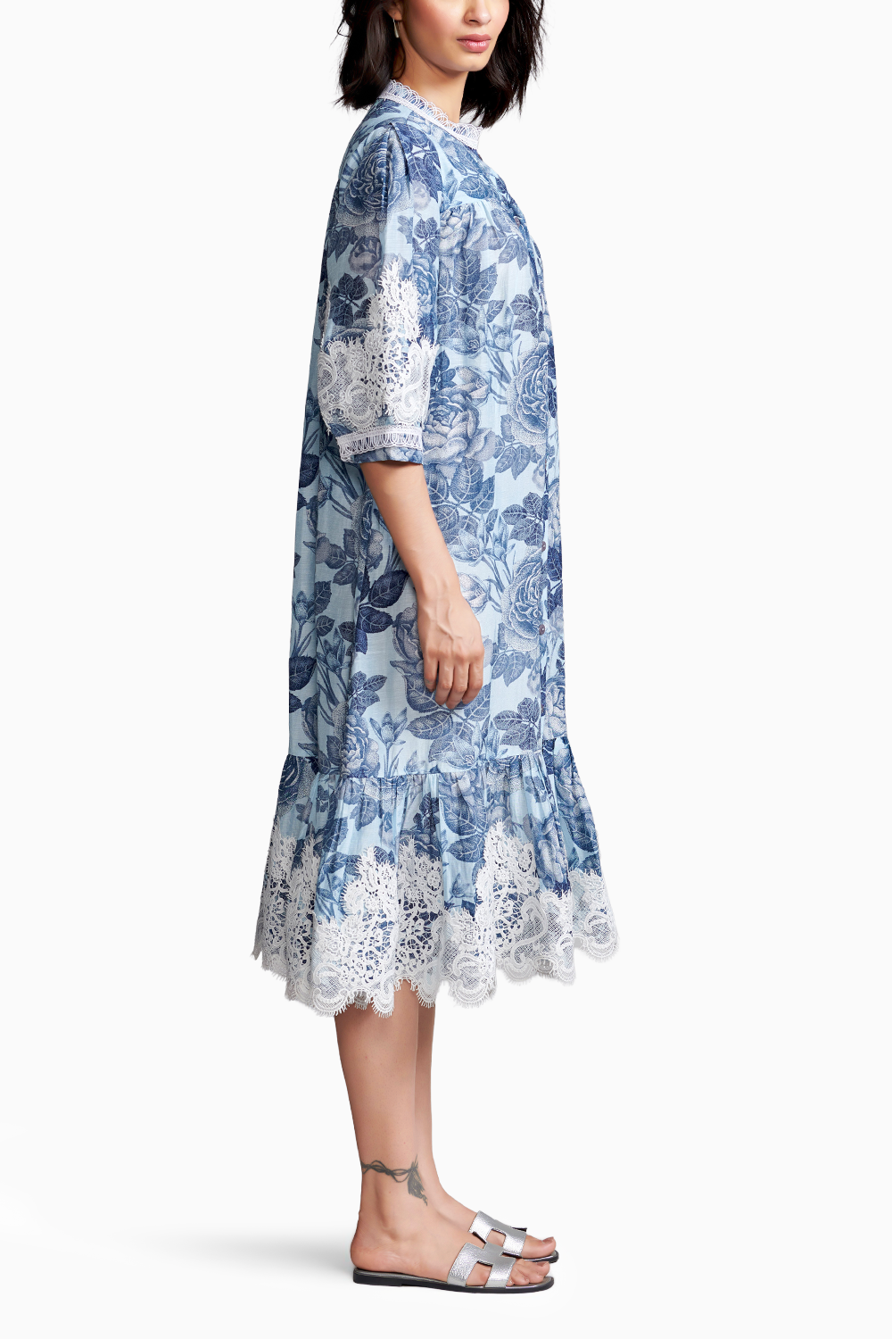 Blue Floral Linen Midi Dress