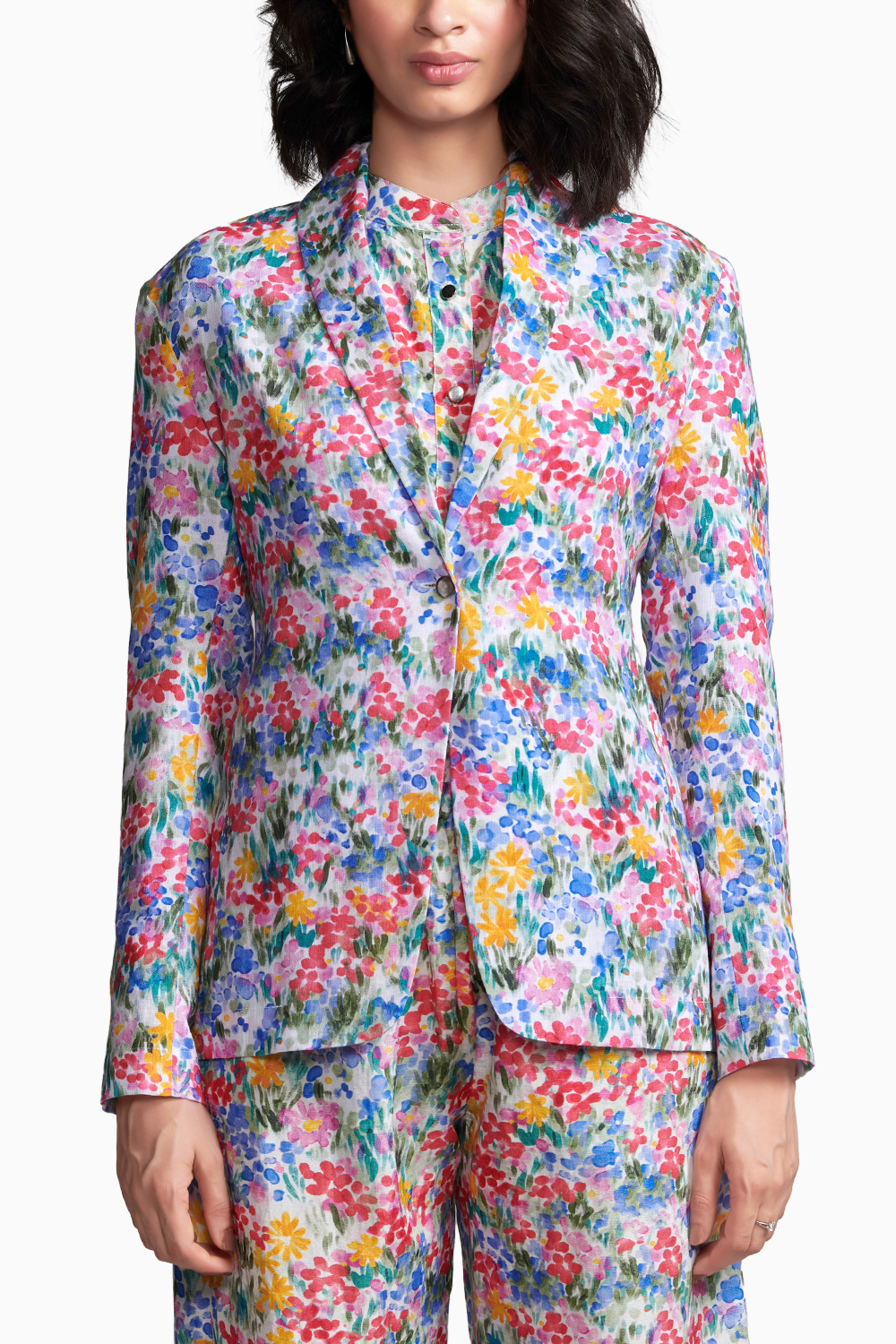 Floral Linen Blazer with Shirt and Pant Set