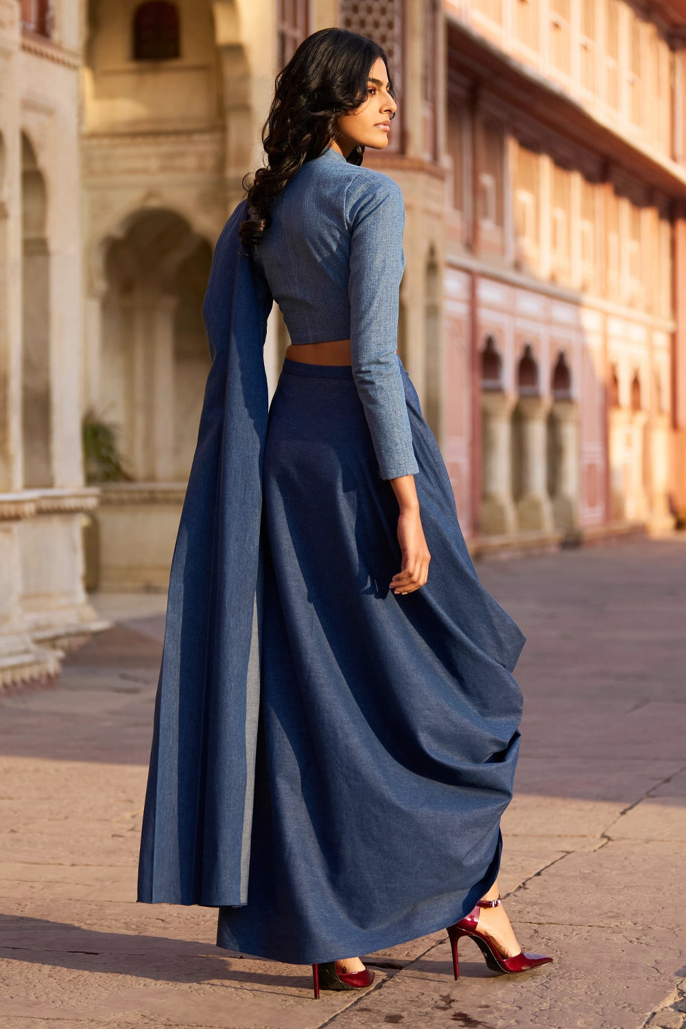 Denim Zip Shirt and Sari Skirt