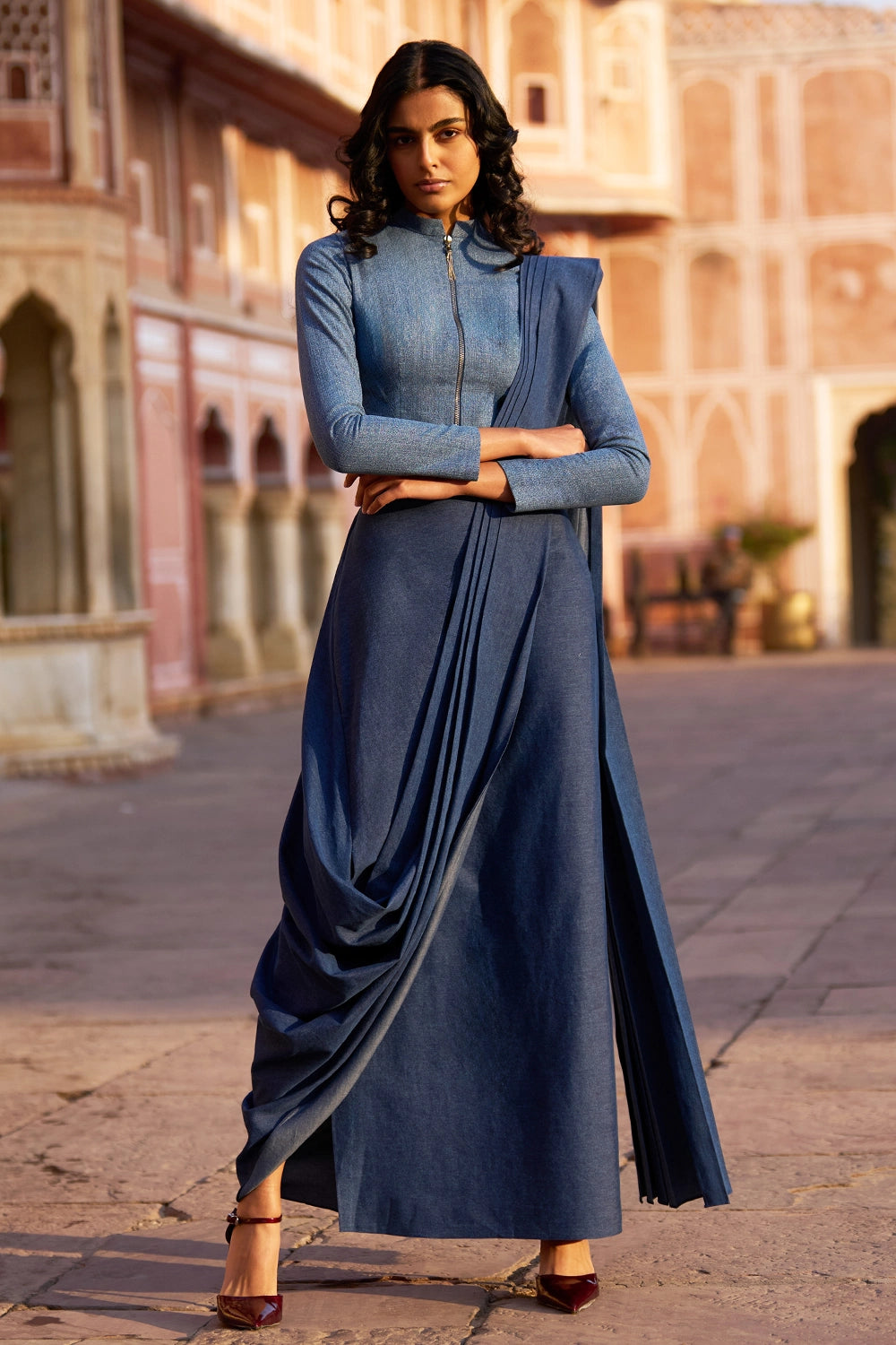 Denim Zip Shirt and Sari Skirt