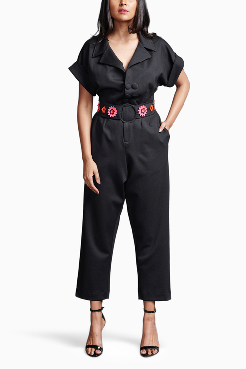 Black Collared Jumpsuit With Belt