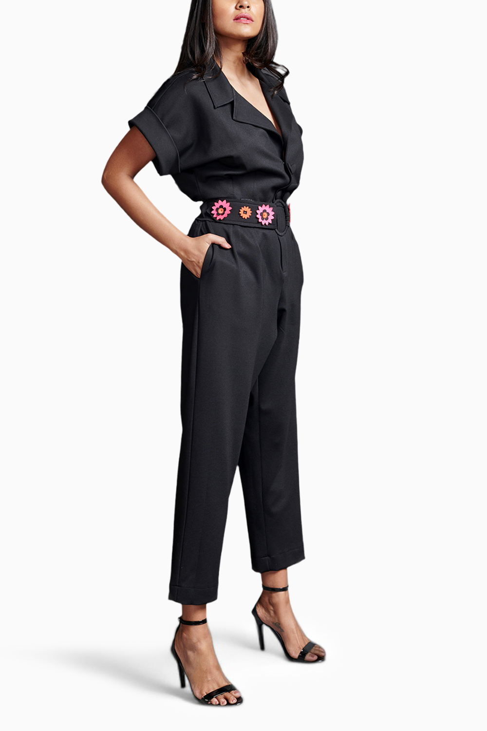 Black Collared Jumpsuit With Belt