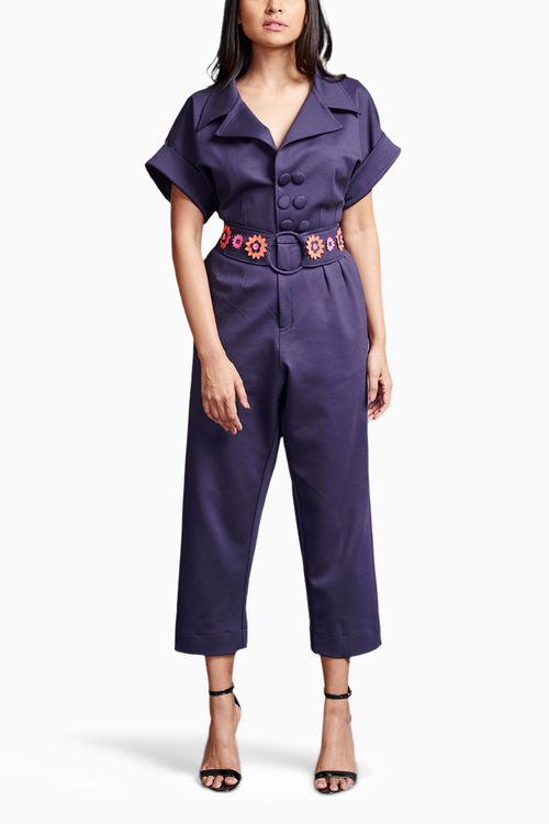 Purple Collared Jumpsuit With Belt