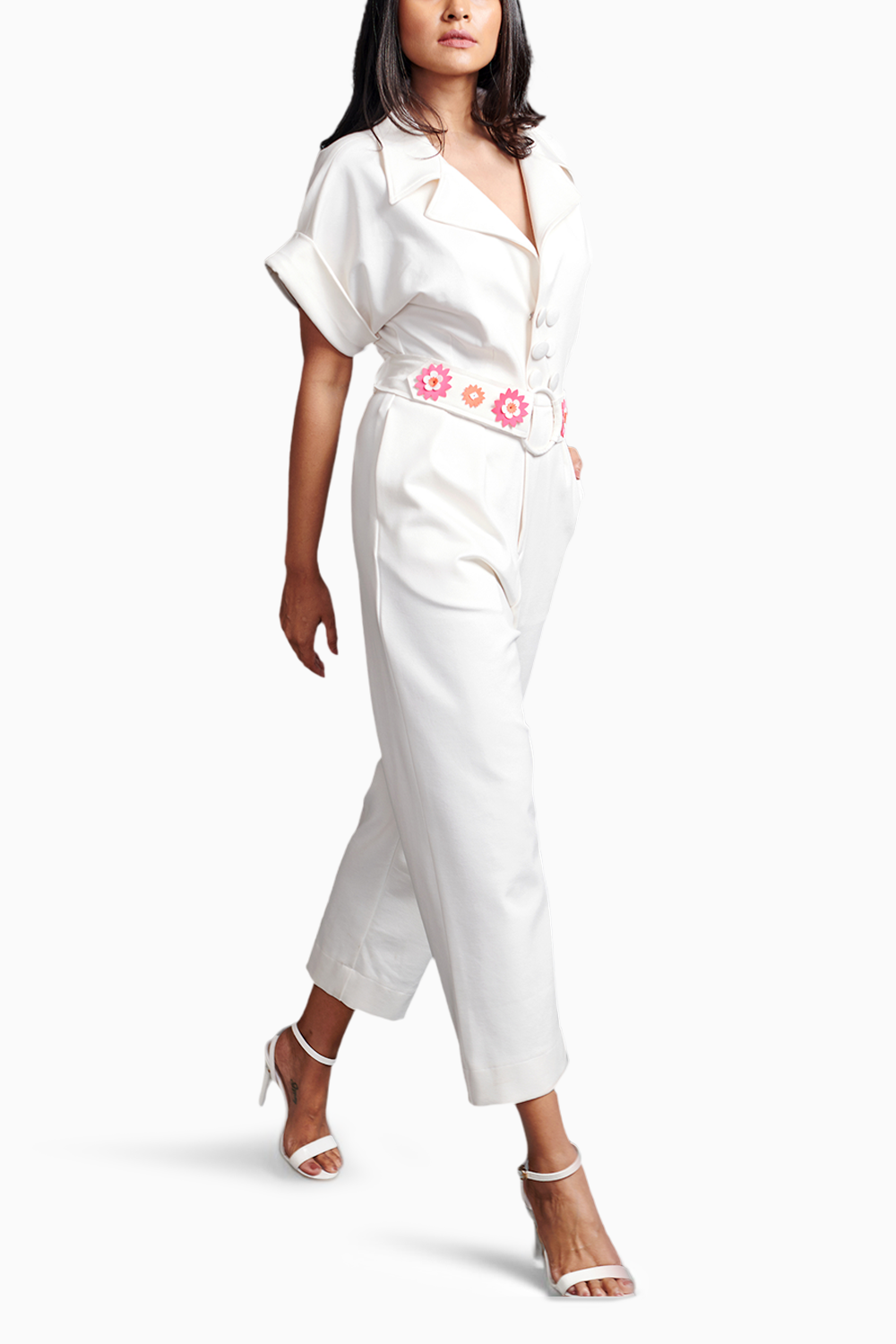 White Collared Jumpsuit With Belt