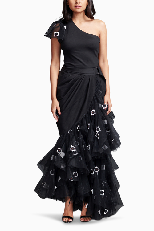 Black One Shoulder Bodysuit With Long Skirt