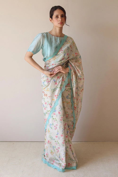 Forest Breeze Beige Scalloped Saree