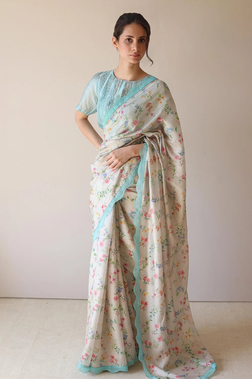 Forest Breeze Beige Scalloped Saree