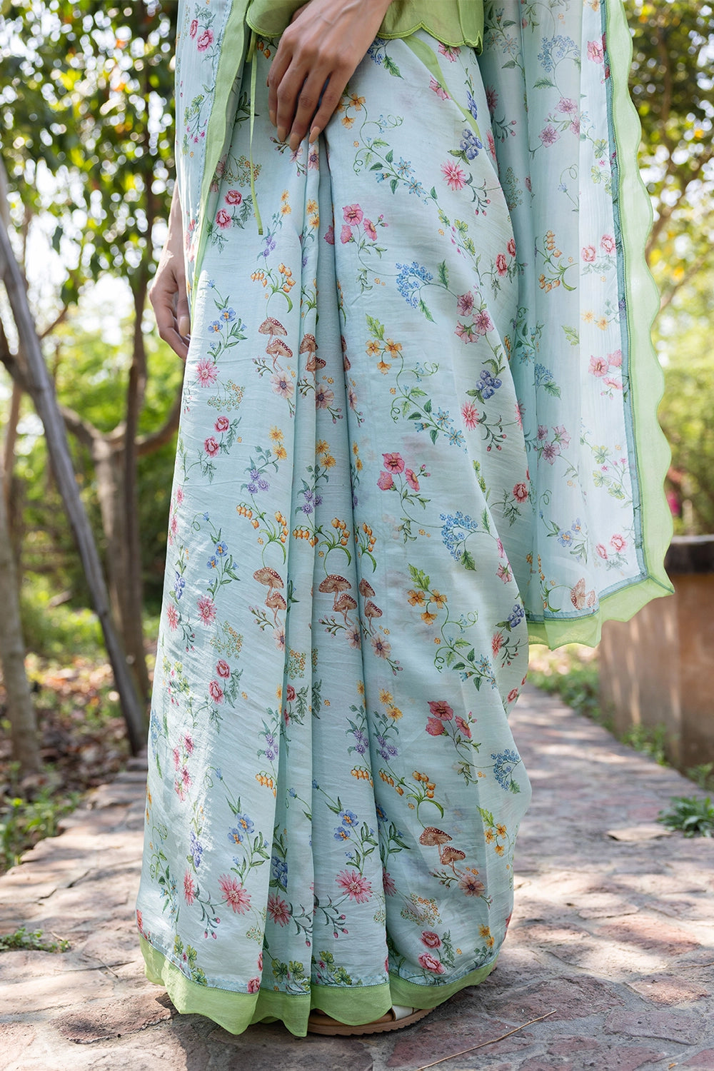 Forest Breeze Blue Scalloped Saree