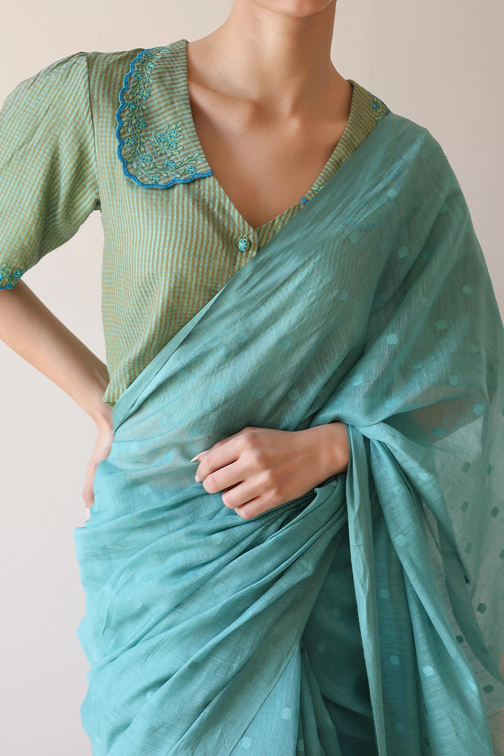 Teal Wildflower Meadow Jamdani Saree