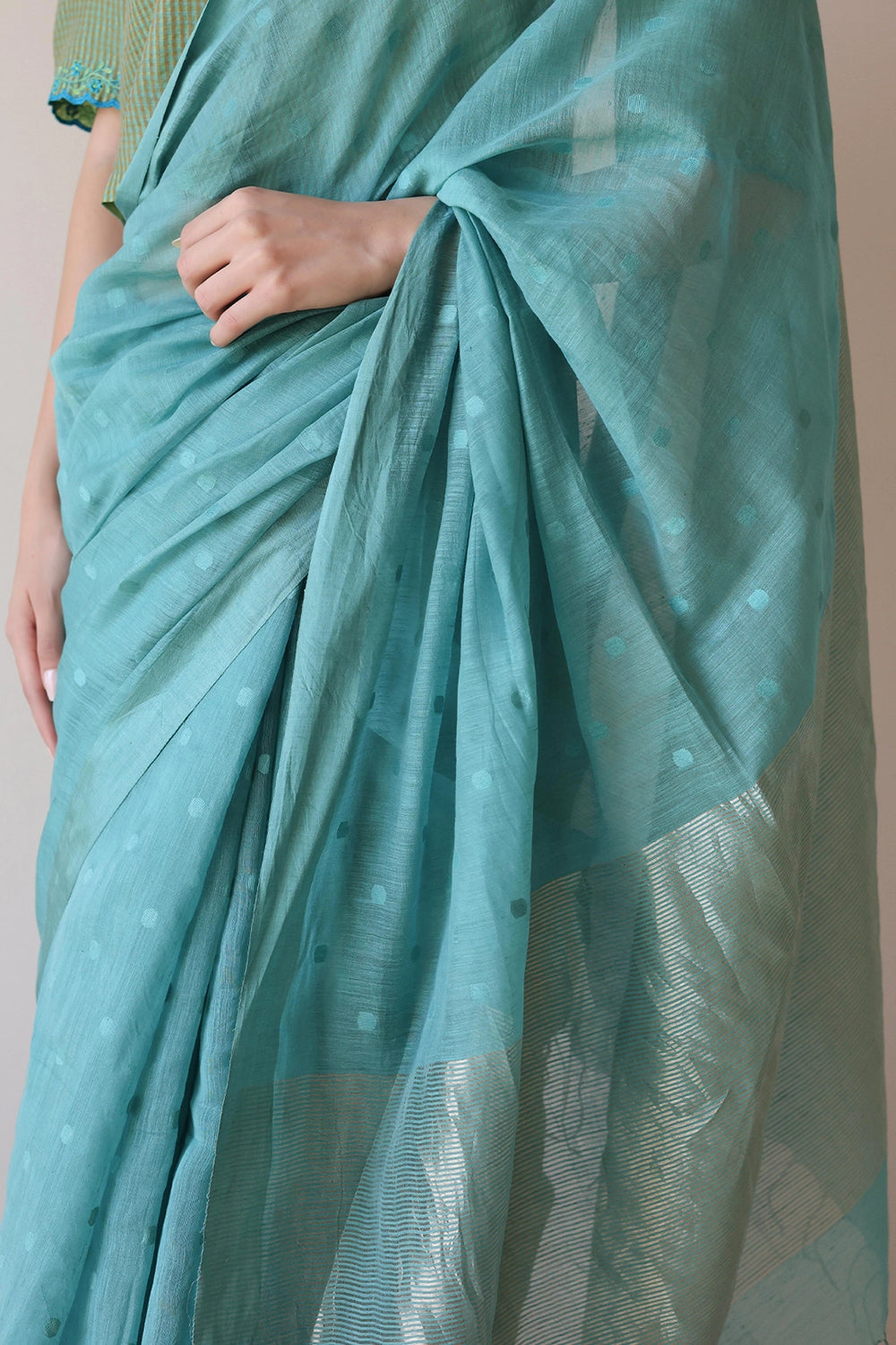 Teal Wildflower Meadow Jamdani Saree