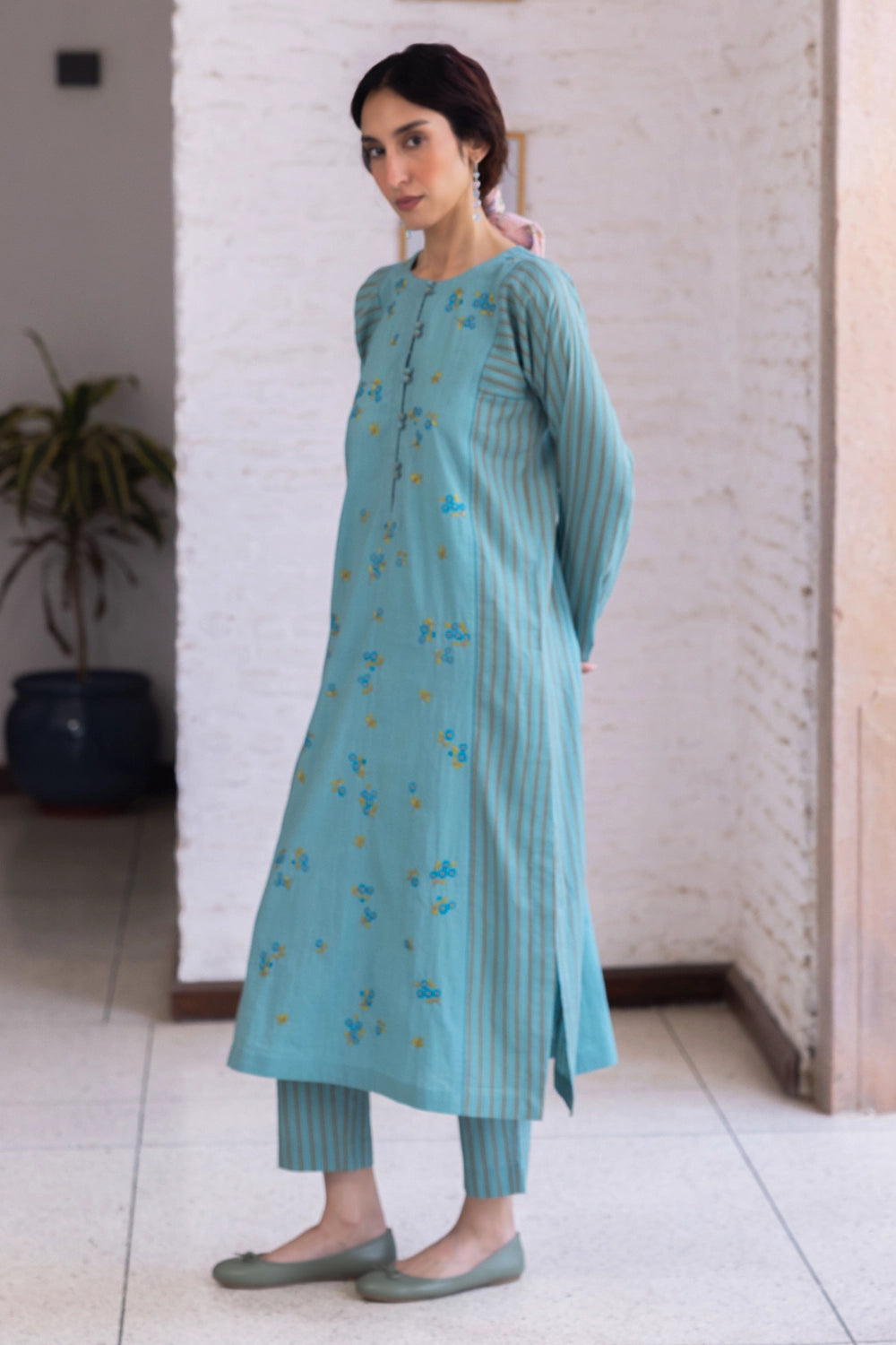 Tender Petals Teal Kurta Set