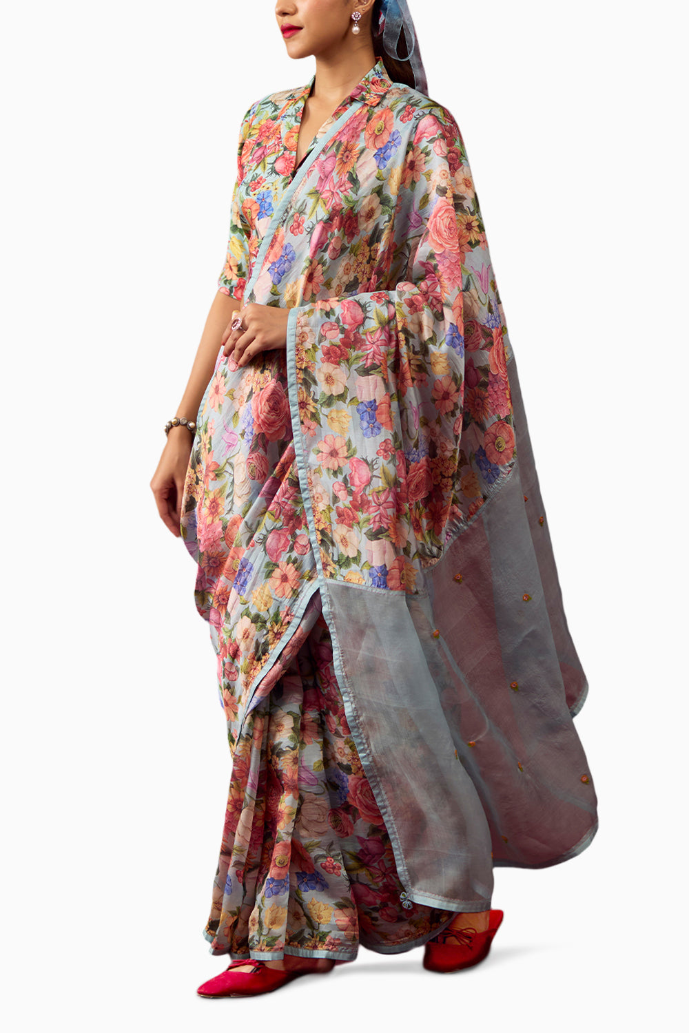 Whimsical Garden Ice Blue Saree