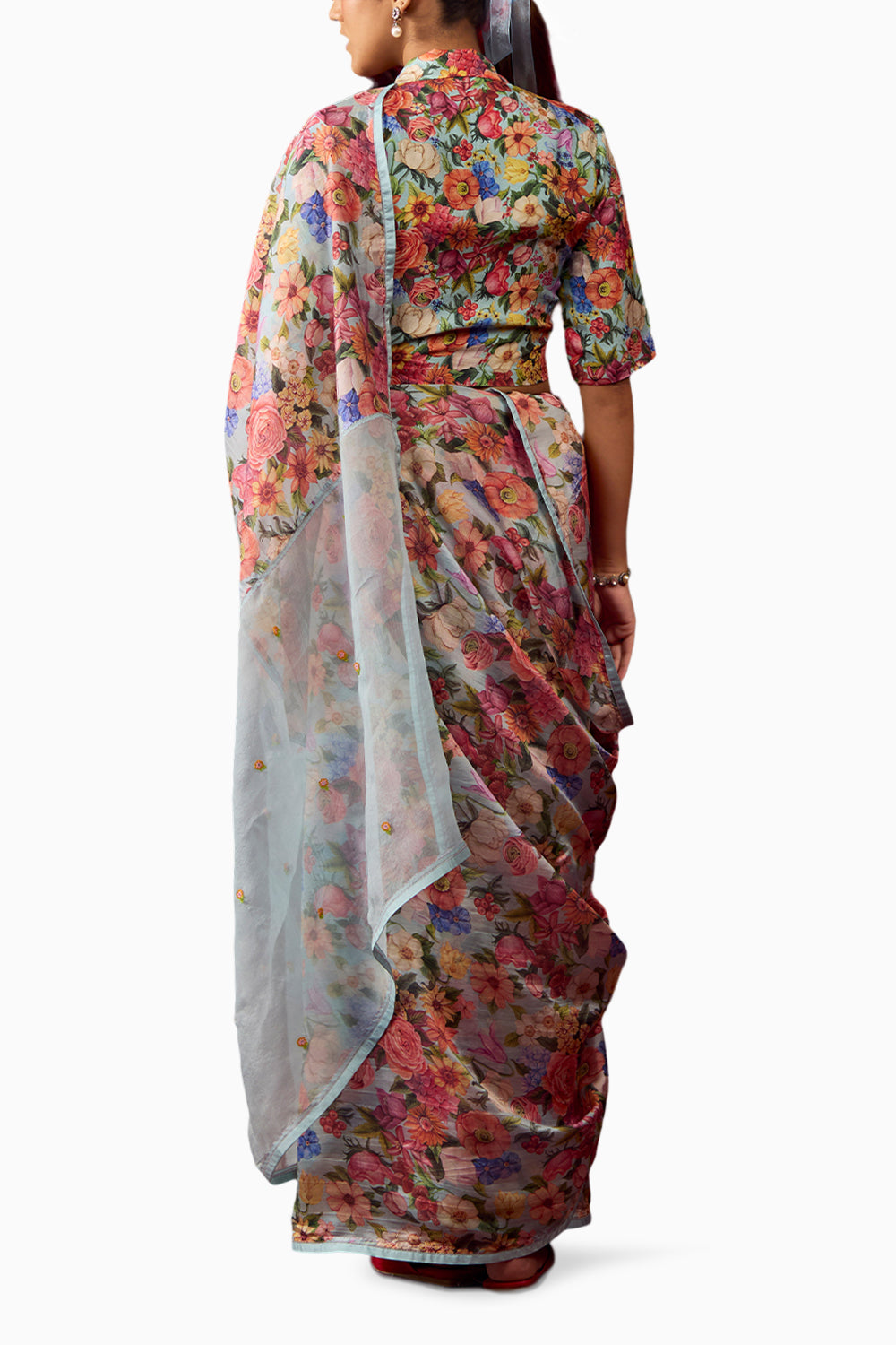 Whimsical Garden Ice Blue Saree