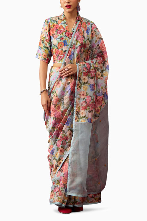 Whimsical Garden Ice Blue Saree