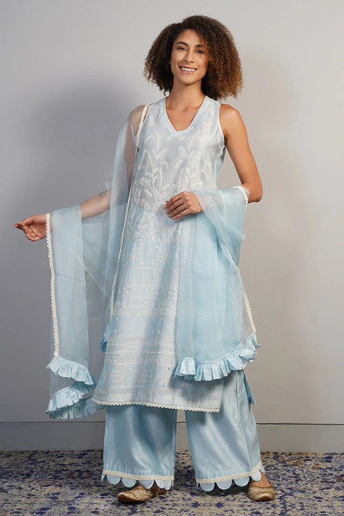 Powder Blue Threadwork Embroidered Kurta Set