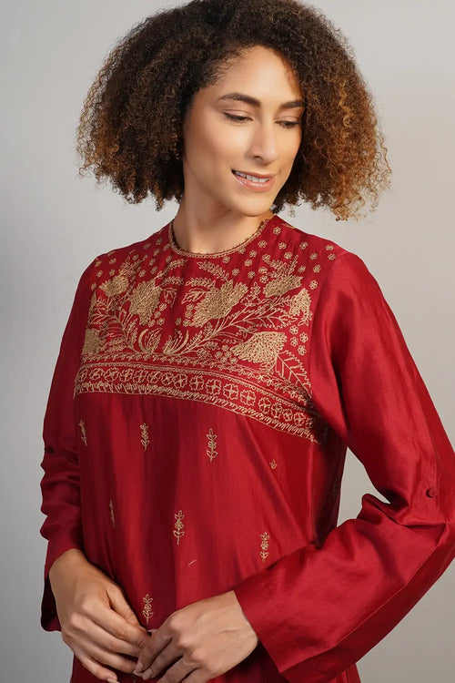 Garnet Red Embroidered Kurta Set