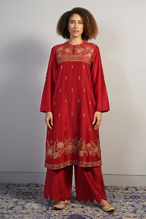 Garnet Red Embroidered Kurta Set