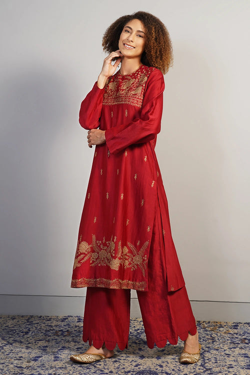Garnet Red Embroidered Kurta Set