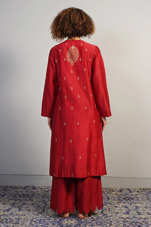Garnet Red Embroidered Kurta Set