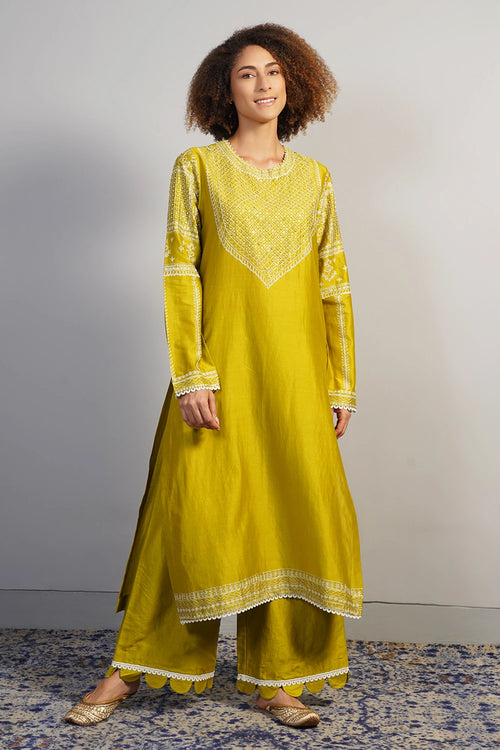 Mustard Yellow Embroidered Kurta Set