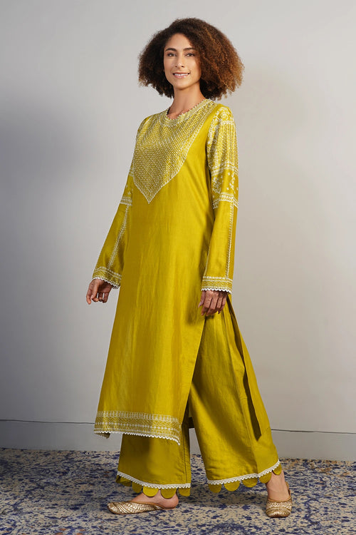 Mustard Yellow Embroidered Kurta Set
