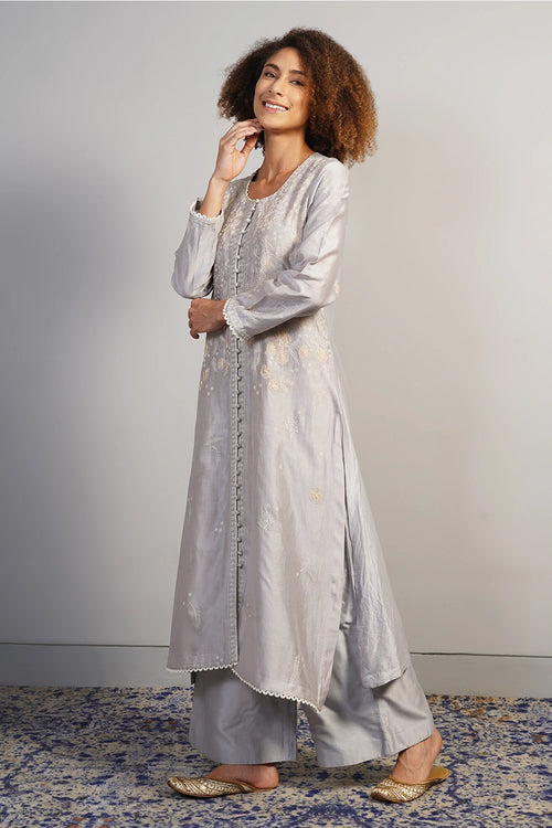 Pearl Silver Embroidered Kurta Set