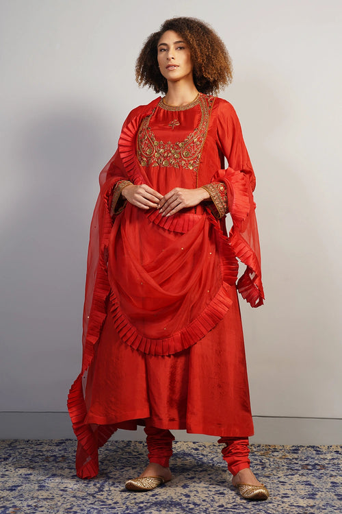 Garnet Red Threadwork Embroidered Kurta Set