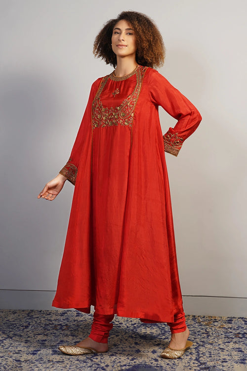 Garnet Red Threadwork Embroidered Kurta Set