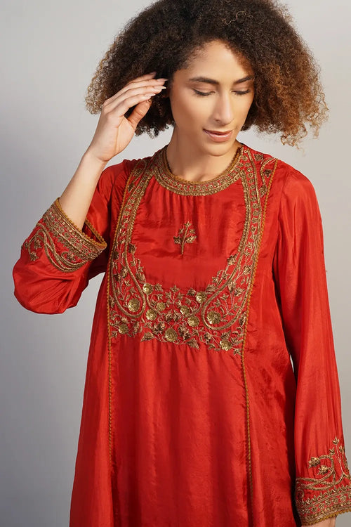 Garnet Red Threadwork Embroidered Kurta Set
