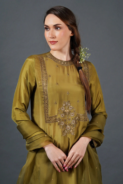 Olive Green Threadwork Embroidered Kurta Set