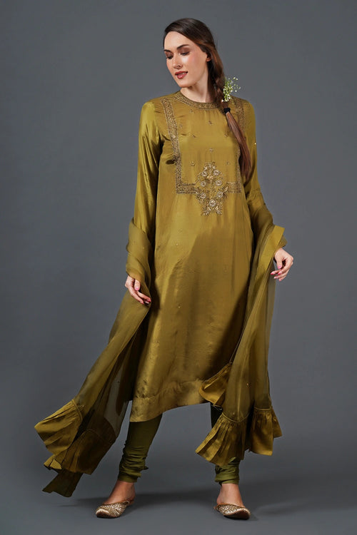 Olive Green Threadwork Embroidered Kurta Set