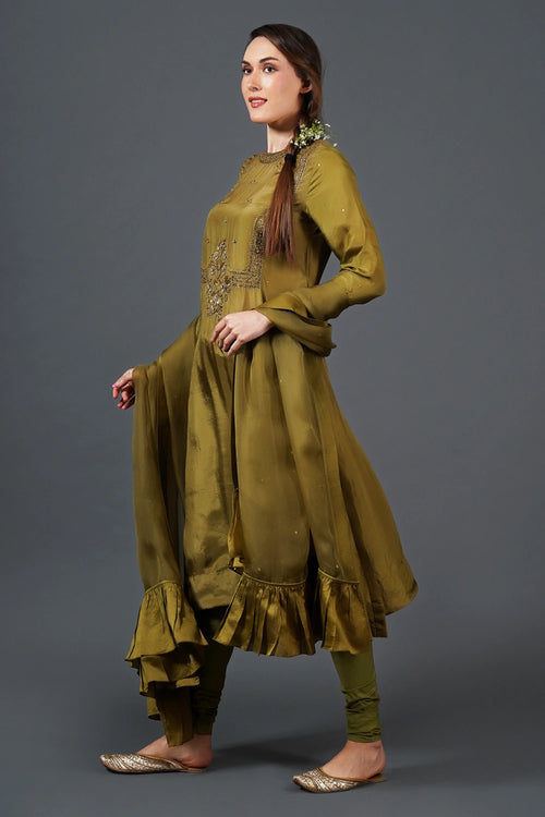 Olive Green Threadwork Embroidered Kurta Set