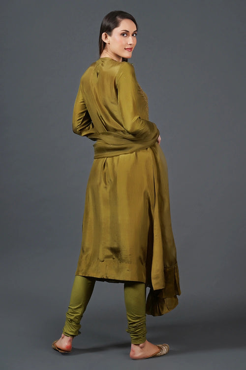 Olive Green Threadwork Embroidered Kurta Set