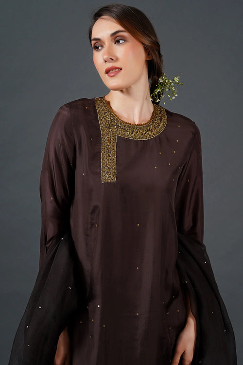 Dark Brown Embroidered Kurta Set
