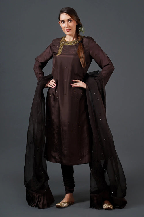Dark Brown Embroidered Kurta Set