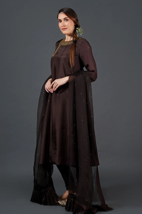 Dark Brown Embroidered Kurta Set