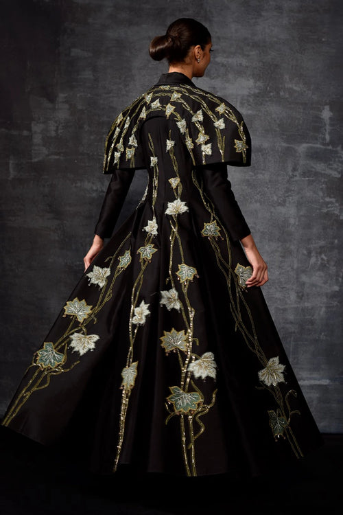 Black Cotton Silk Lapel-Neck Floor-Length Gown